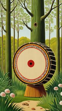 nature art by Henri Rousseau, soft colors, Viking Libyan Shamanic drum , very Alhambresque