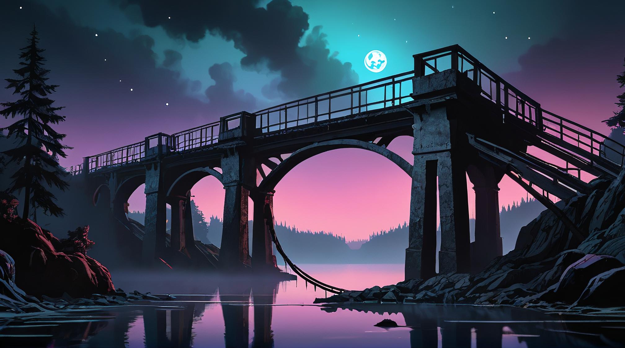 digital art, Strange Suspension bridge Aqueduct , covered in Soot, inside of a Freelance Lake House