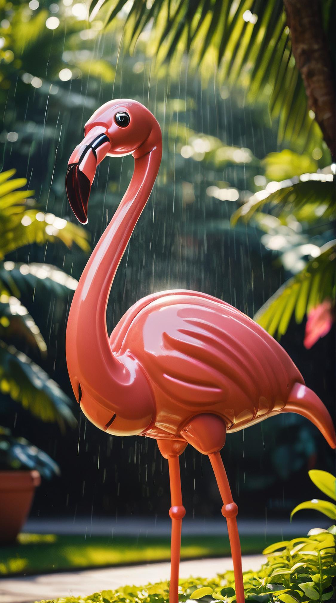 sculpture art designed by Alexander Archipenko , garden, Spotted anthropomorphic Flamingo Lobster , Raining
