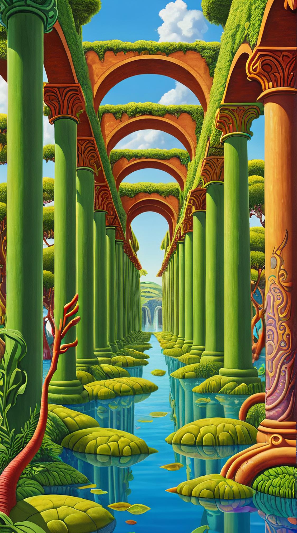 by Kenny Scharf and Mati Klarwein, D Rendering, landscape of a Atmospheric Kelp Forest and The Roman Aqueducts, charming