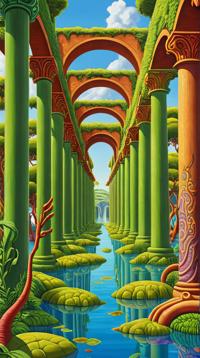 by Kenny Scharf and Mati Klarwein, D Rendering, landscape of a Atmospheric Kelp Forest and The Roman Aqueducts, charming