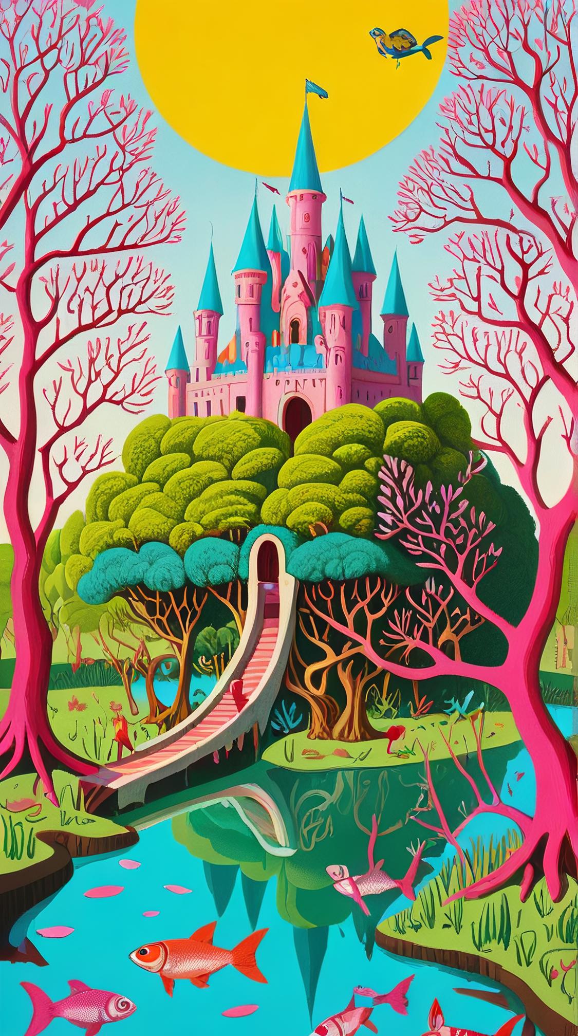 a Game art by Grayson Perry, a work of a Mangrove and Fairy tale castle It is evoking the feeling of being Joyful , beautiful composition, epic composition