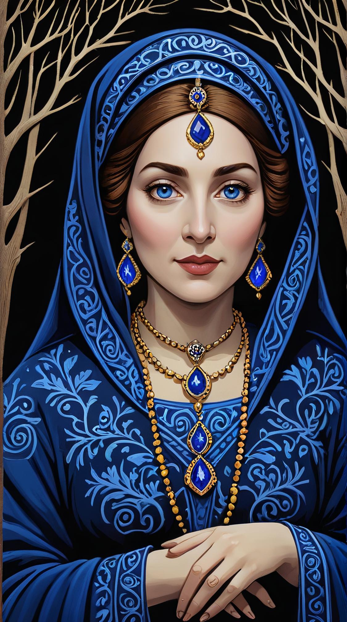 On pale black paper, Fantasy thicc Sephardic Aunt of Earth , she is rolling eyes, Glowing Sapphire Eyes