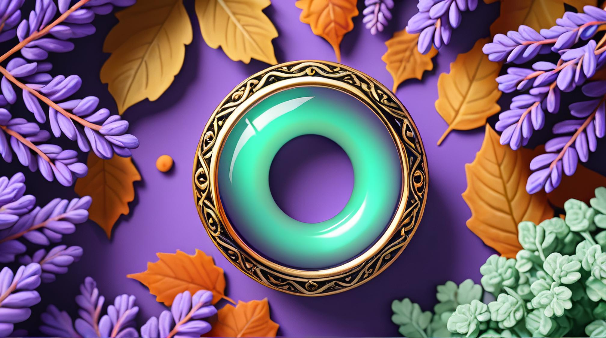 digital art, angle from above of a Absorbing Lavender and Mint Magic ring , fall foliage, Cozy