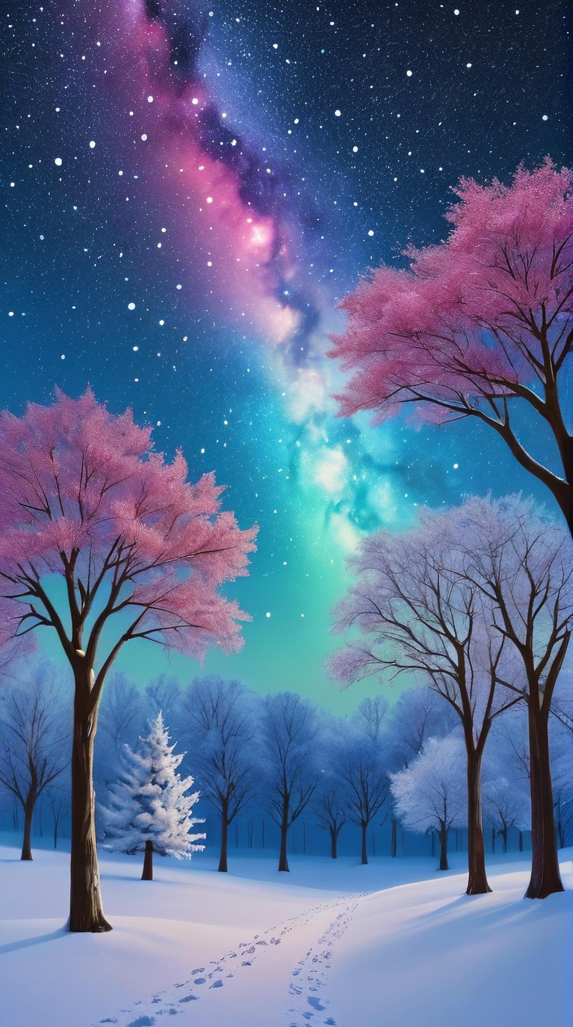 trees, landscape of a Starlight Keep of the Celestial Dreams, Snowy, Arte Povera