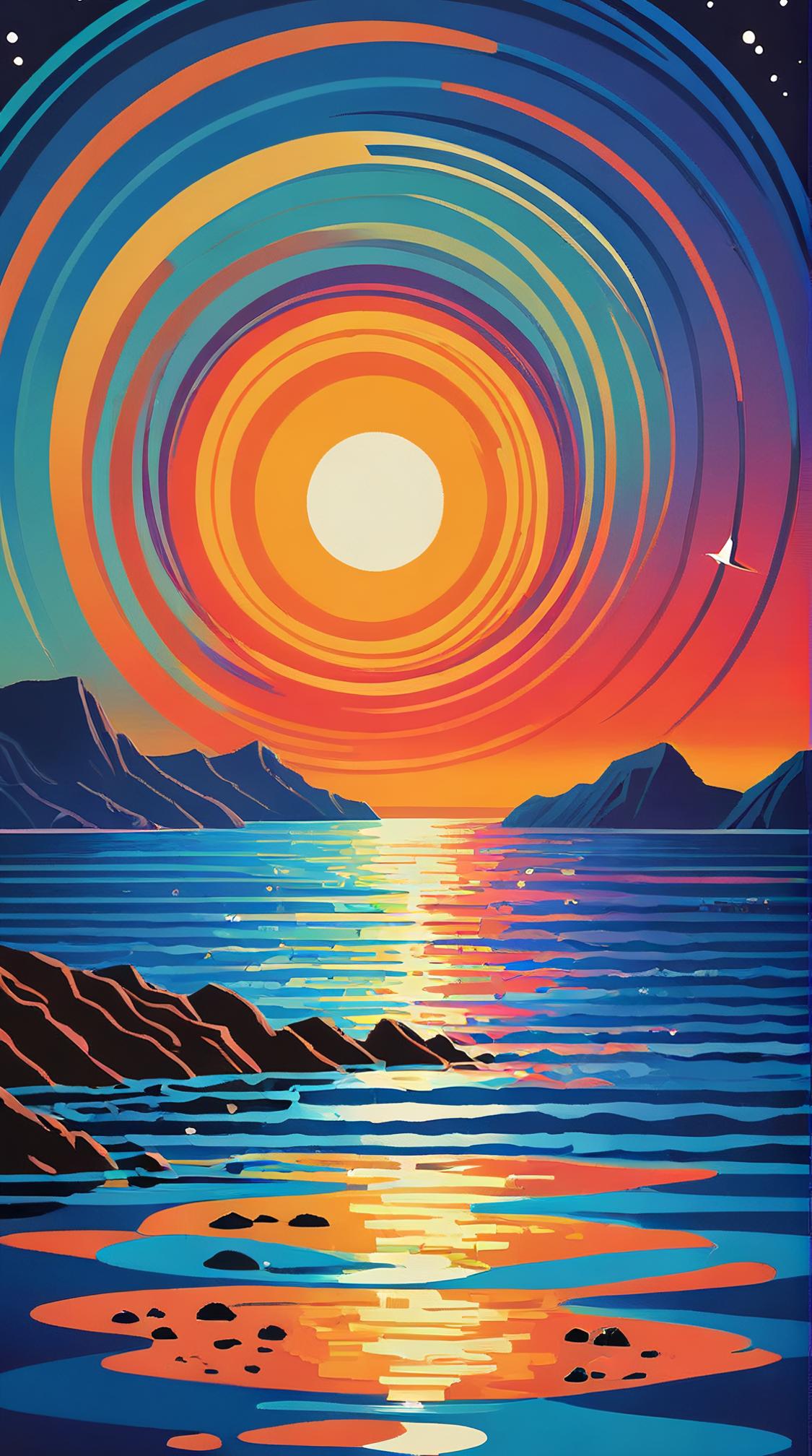 landscape of a Ocean Kelp Forest and Western Phoenix roost, dense Intergalactic spaceport, Moon in the night, angular art