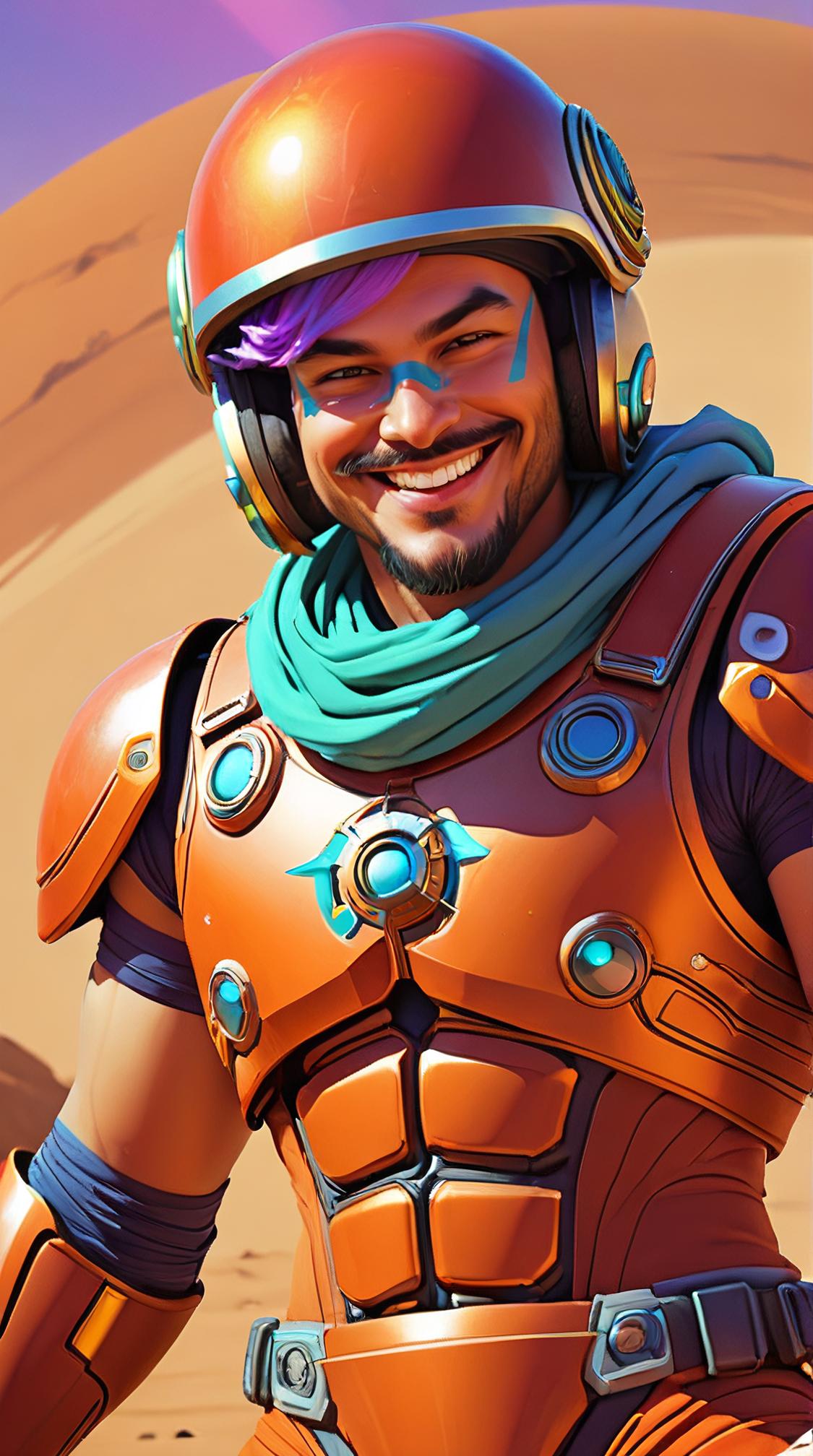 soft focus of a Macho fat Hipster Mars , smiling, Casting magic pose, Multicolor hairstyle