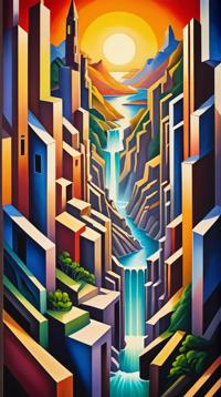 cubism art by Joseph Stella and Tamara de Lempicka, landscape of a Mystical The Terminus, at Dawn, Timid