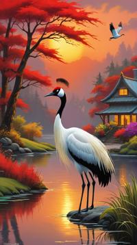 Digital art, Heavenly Red Crowned Crane, impressionism art, luminism art by Thomas Kinkade