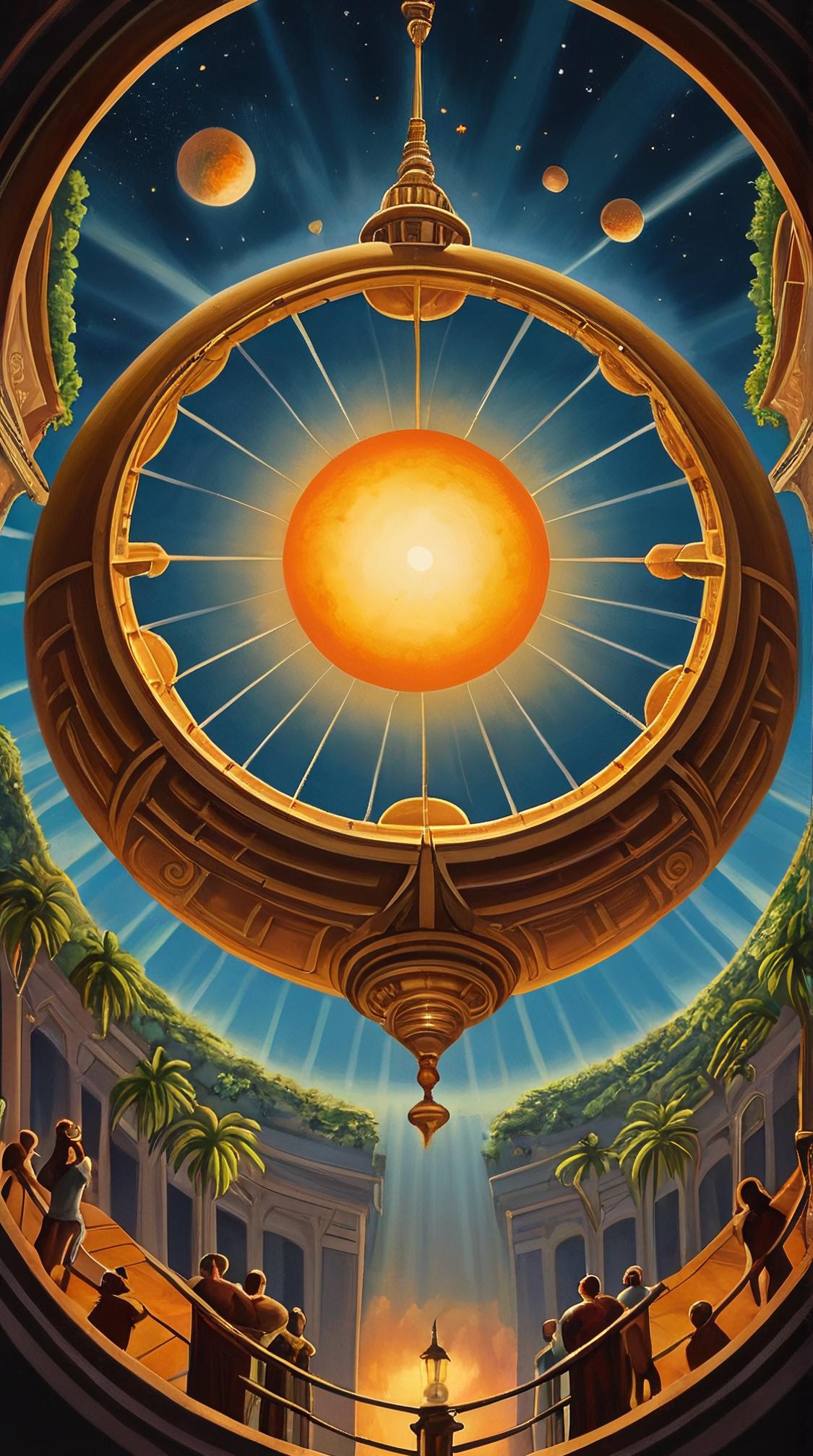 cartoon art stylized by Classic Disney, cinema art, Oil painting, top down view of a Abnormal Puerto Rican Heliosphere