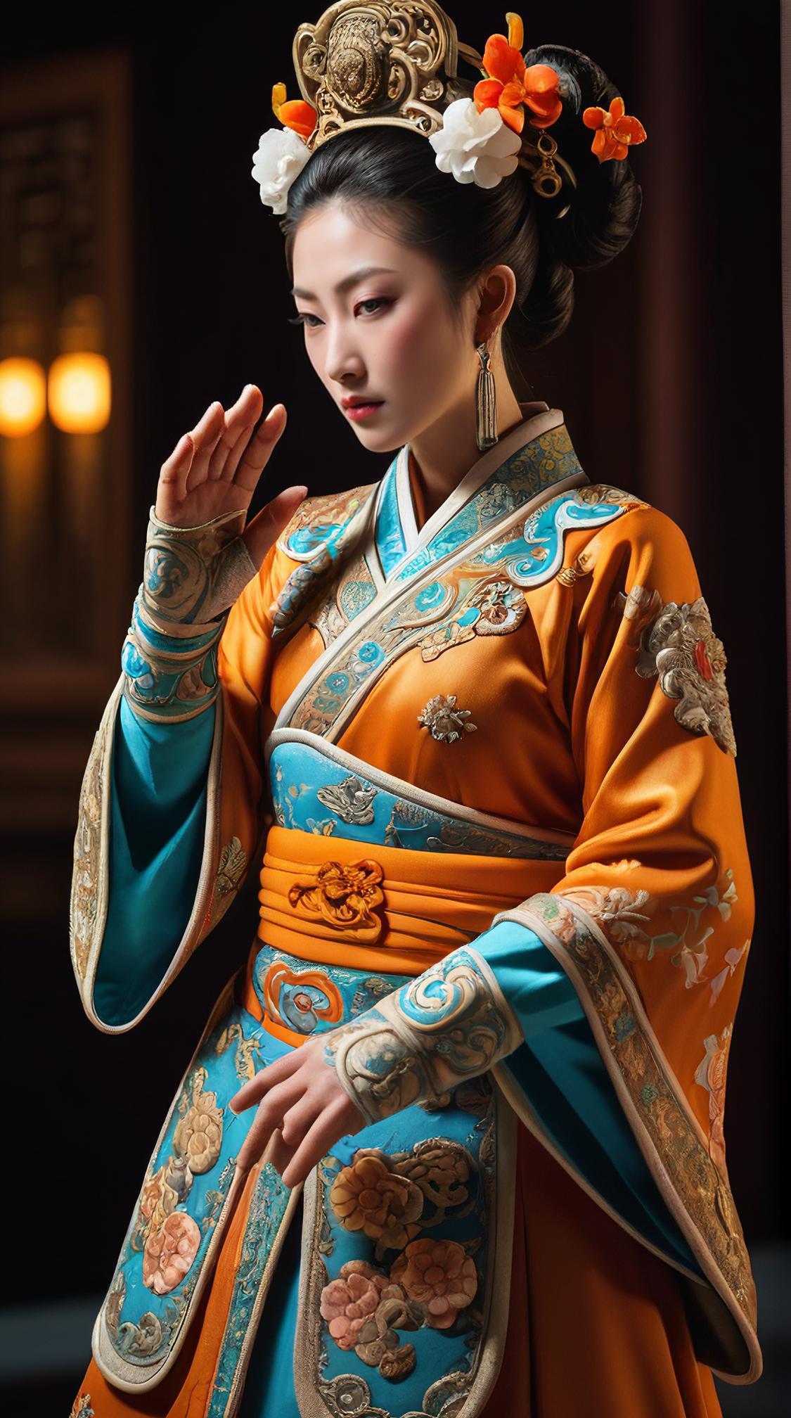 body shot of a Freezing Tang Dynasty Gloves, Very wide view, detailed, masterpiece