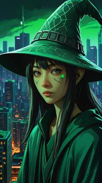 portrait art stylized by Junji Ito and WLOP , deep green theme , intricate background, Wizard hat