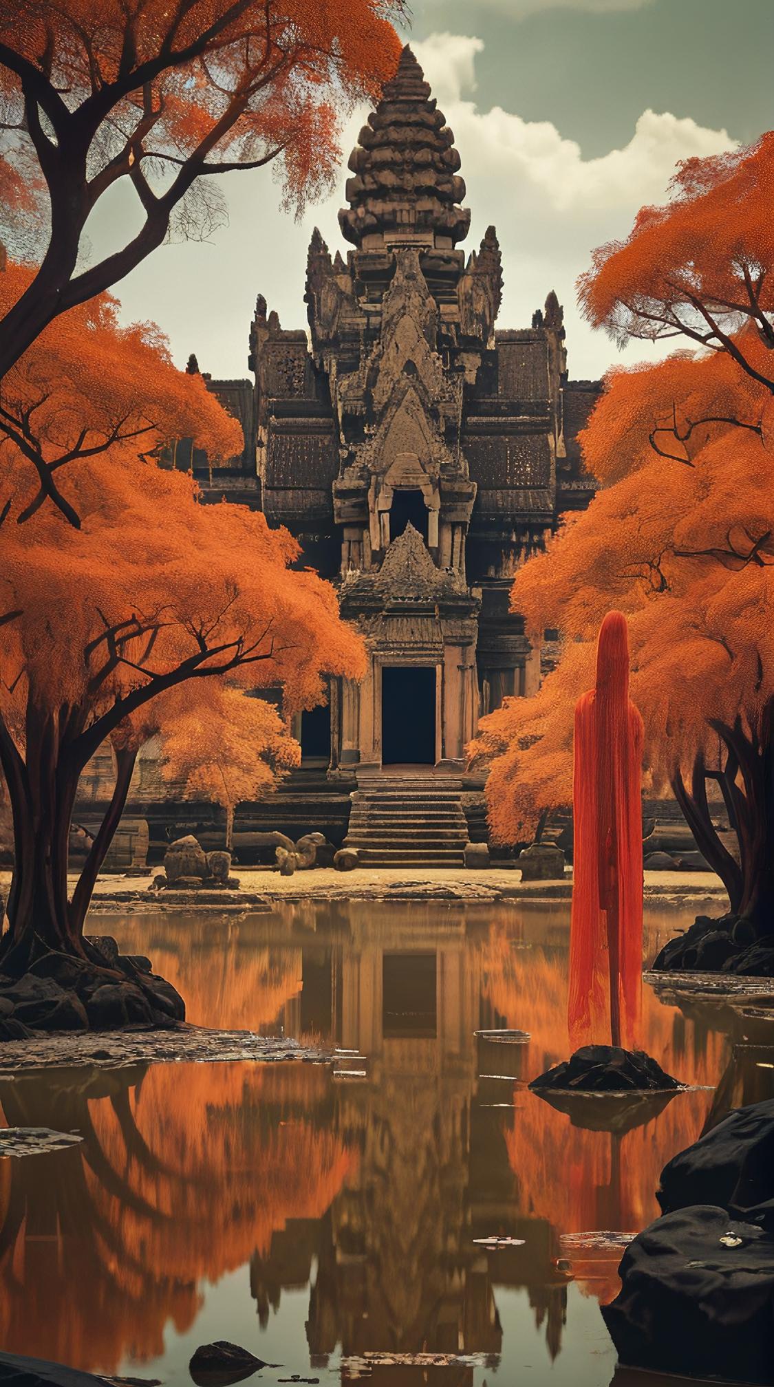 digital art designed by Zhichao Cai , Olive and Rust Angkor Wat, Textile and Scenic, background is The Burning Bush