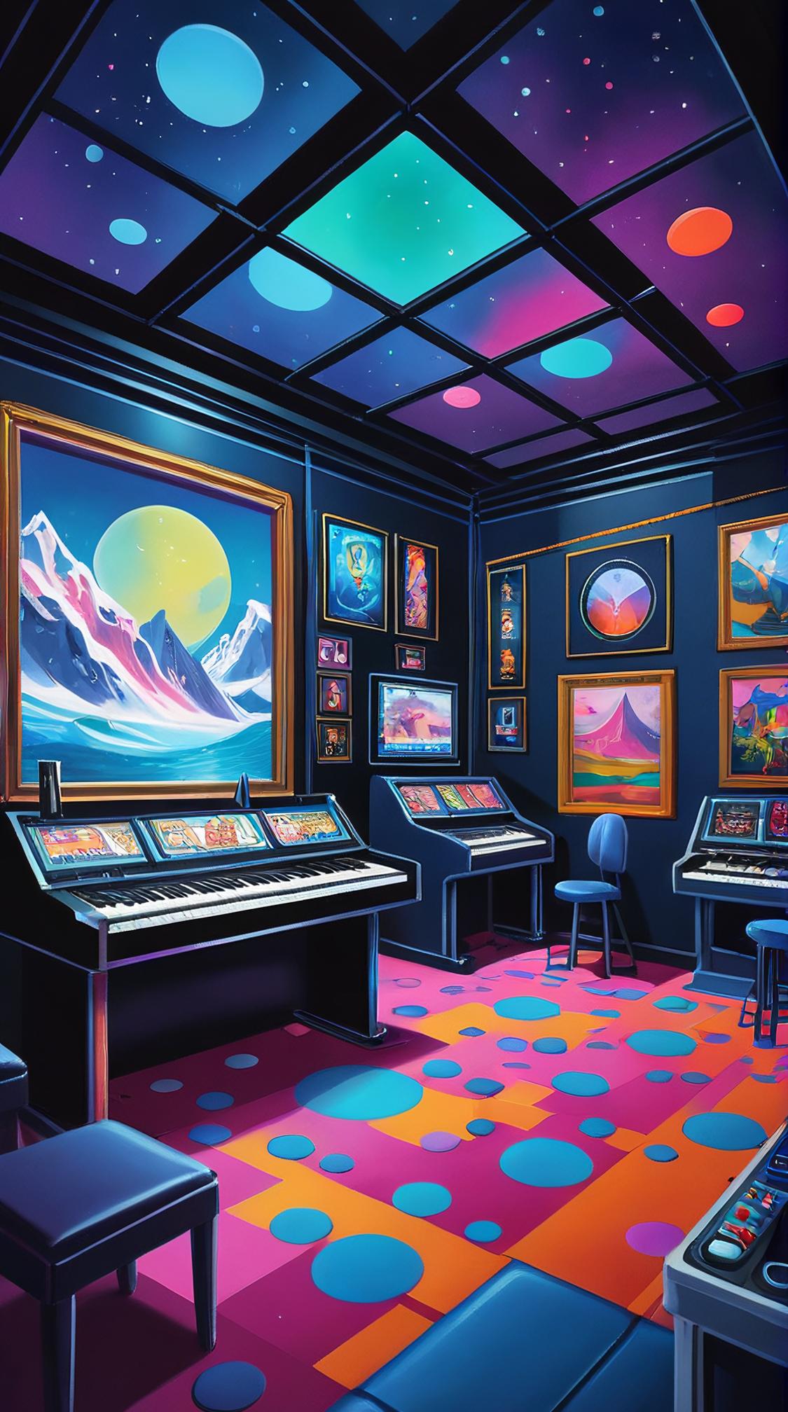 Oil painting, landscape of a Virtual Nightclub from inside of a Antarctic, from inside of a Playroom, tiny dots of color