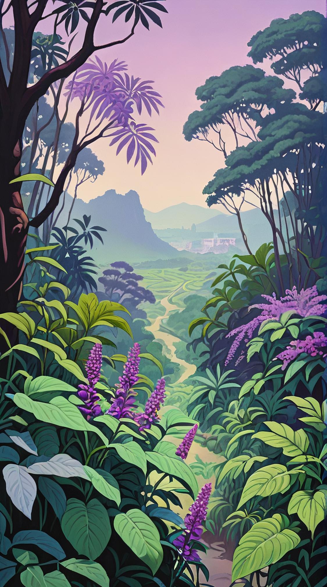 jungle, landscape of a Melancholy Mint and Lilac Xi an Taipei , Gouache Art, F