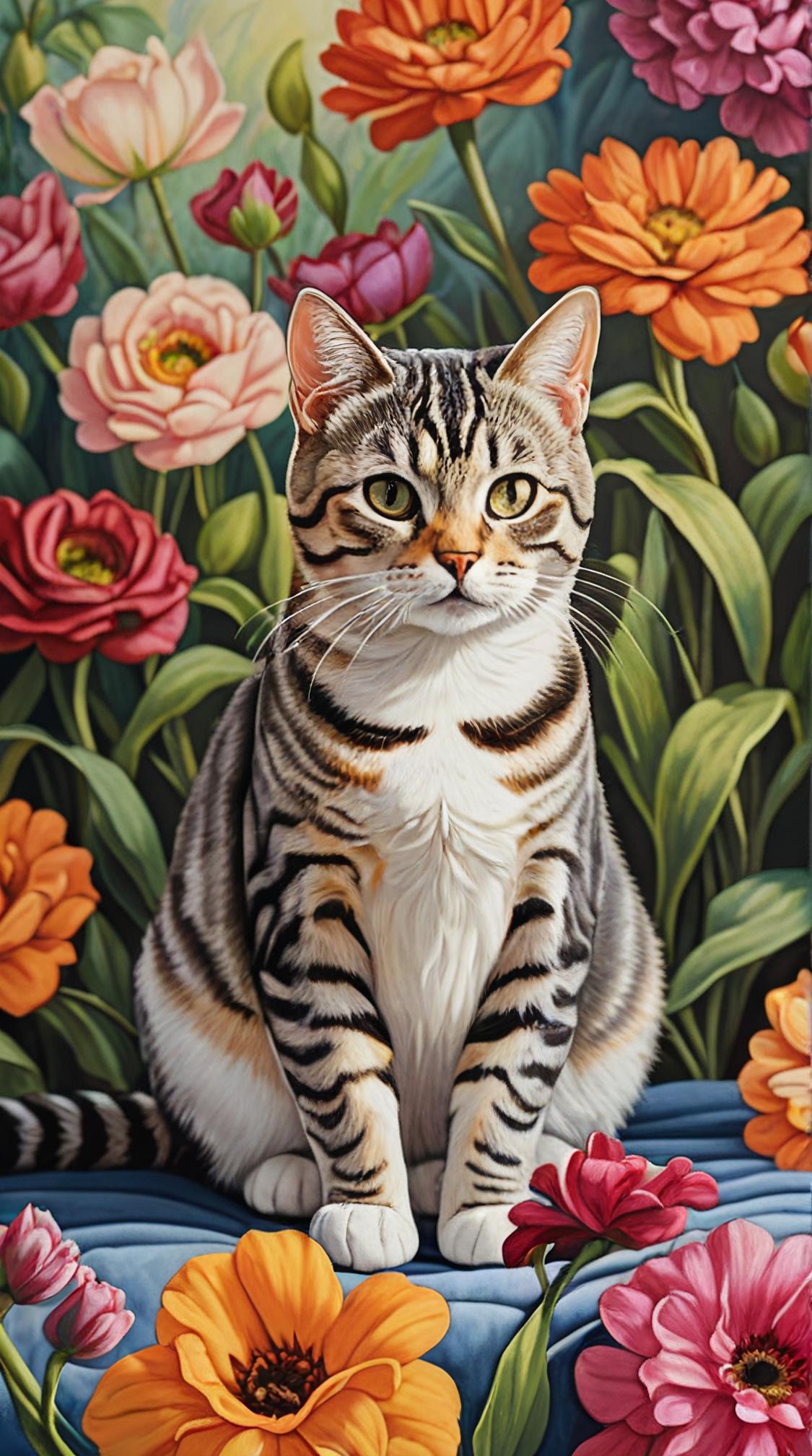Millefleurs Tapestry, k RAW photo, Water color painting of a American Shorthair Cat, Panorama