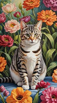 Millefleurs Tapestry, k RAW photo, Water color painting of a American Shorthair Cat, Panorama