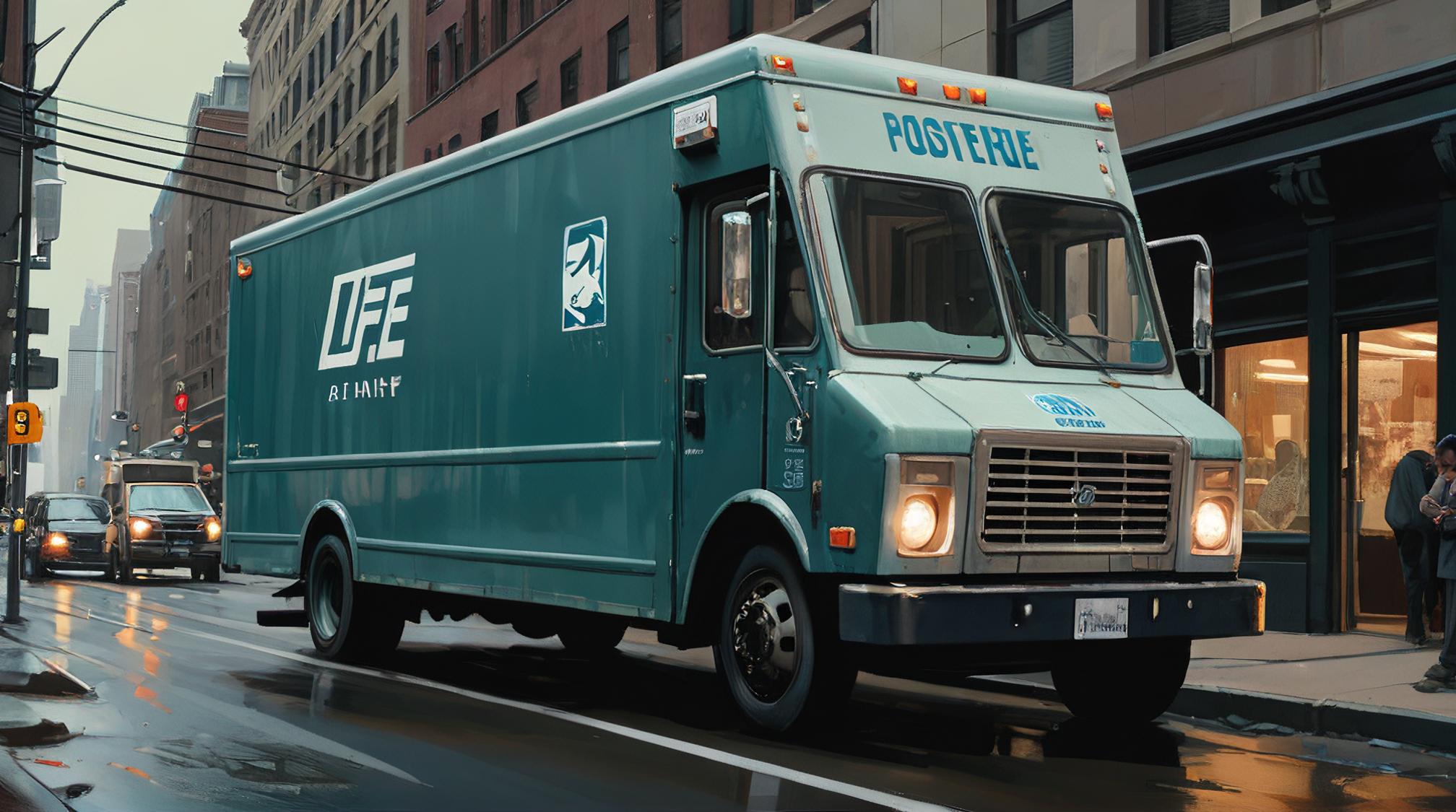digital art, medium shot of a Postal delivery truck, Dense, pronounced masculine features at Midday