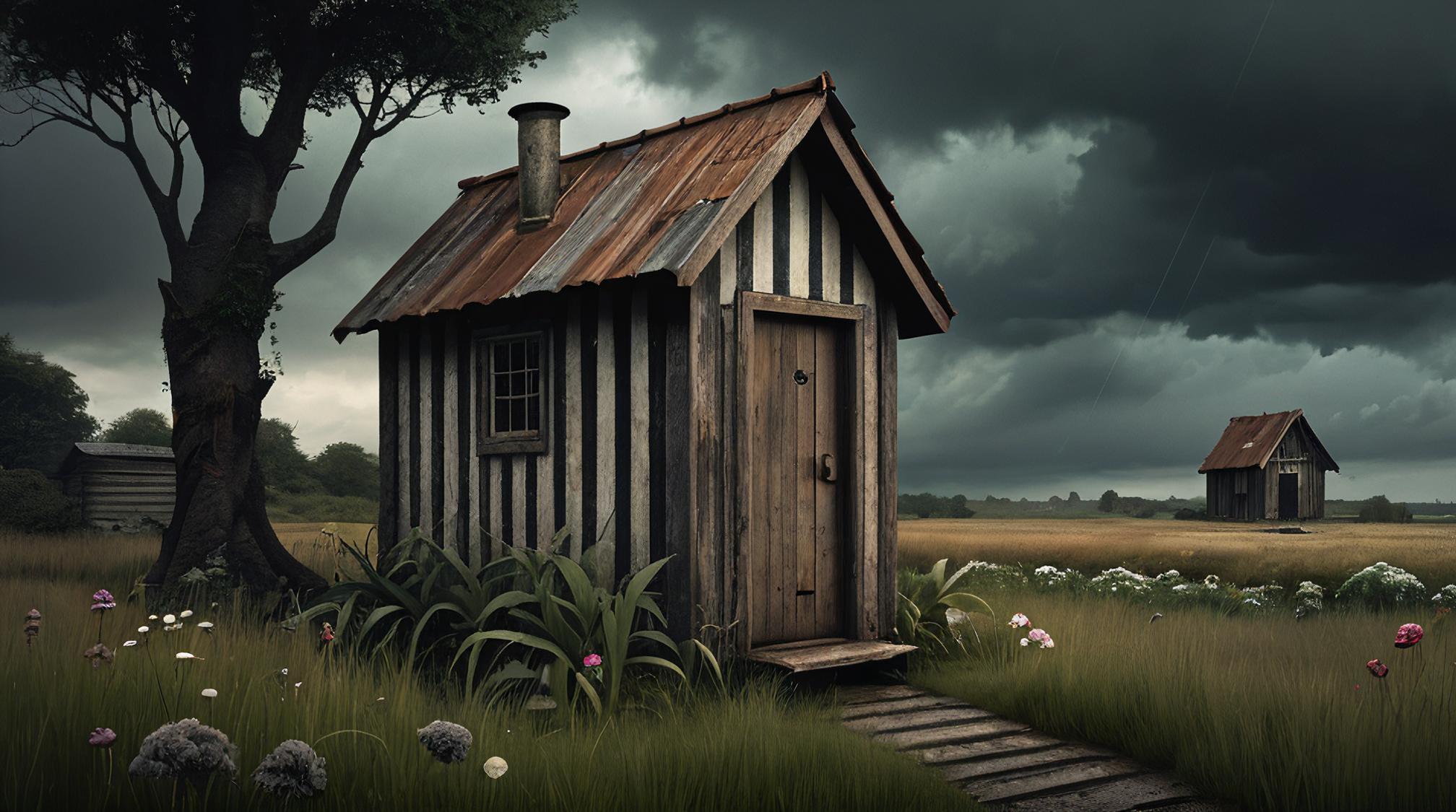 by Bastien Lecouffe Deharme , digital art, garden, wide shot of a Junoesque Glamorous Outhouse