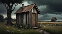 by Bastien Lecouffe Deharme , digital art, garden, wide shot of a Junoesque Glamorous Outhouse