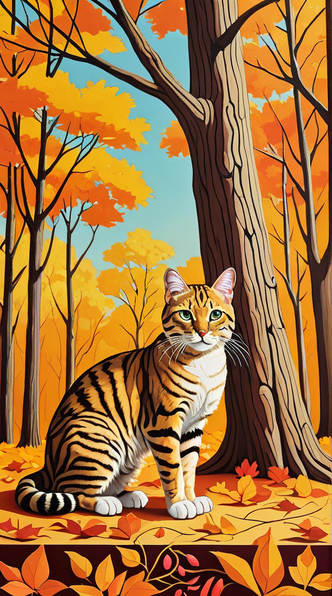 marquetry of an award winning, Feline The Fall of Saddam Hussein , trees in background, soft focus
