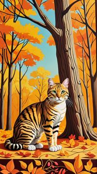 marquetry of an award winning, Feline The Fall of Saddam Hussein , trees in background, soft focus