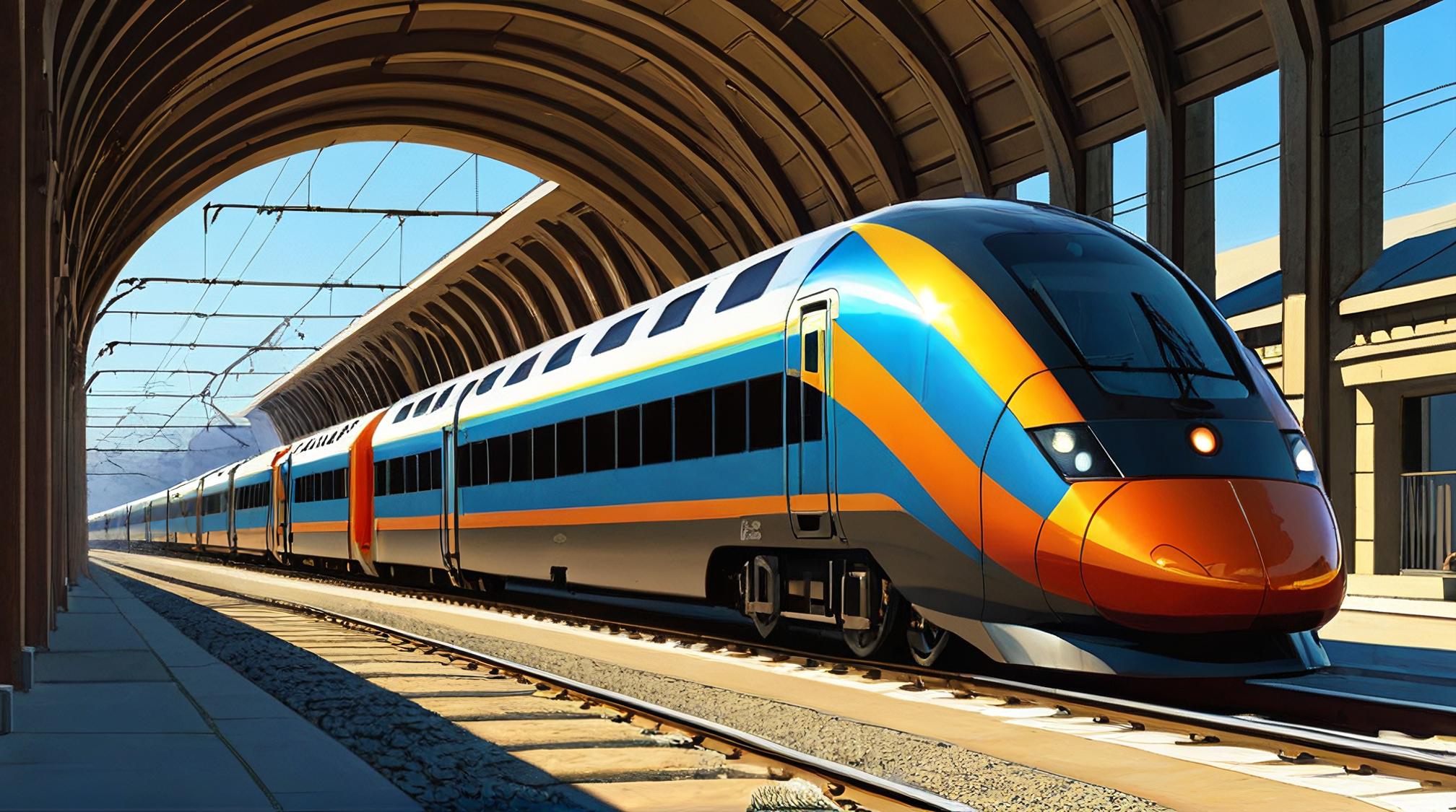 concept art, Sleek Train, Bathed in shadows, deep focus