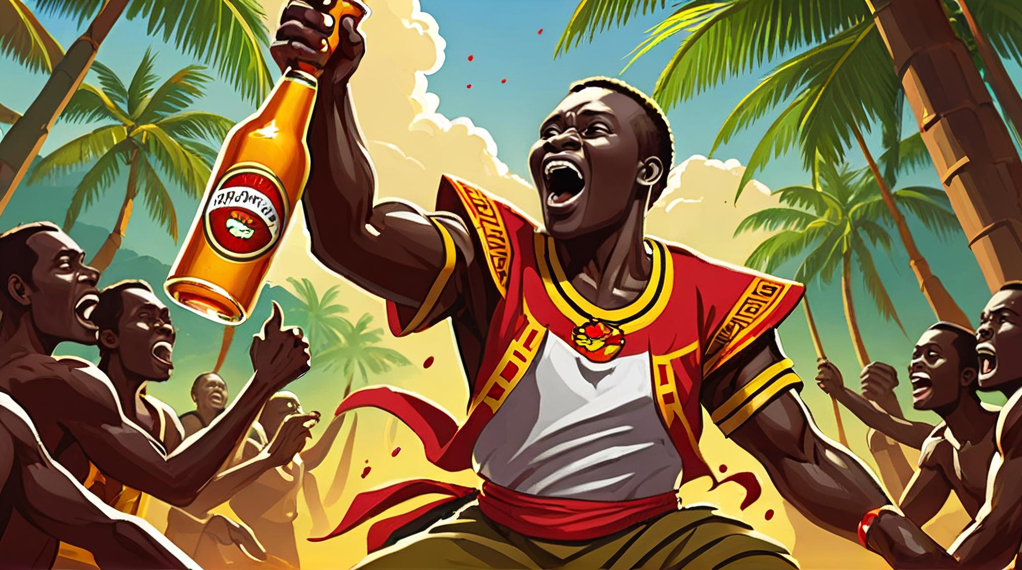 concept art, Ugandan beer of Victory, the beer is very Annoyed, concept art