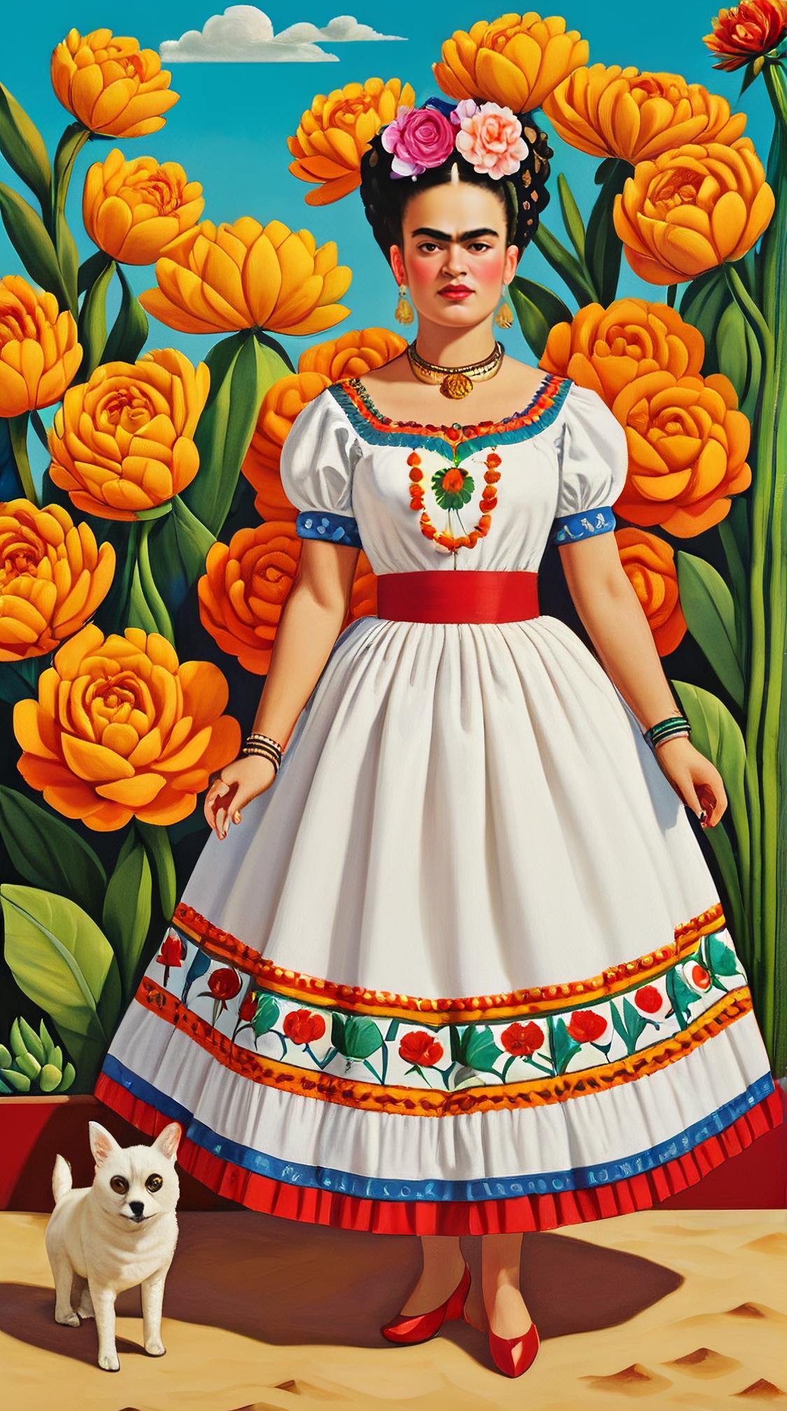 vibrant art by Frida Kahlo, Stunning plump Regency Bavarian a bunch of Aasimars , Strolling pose, their hair is White