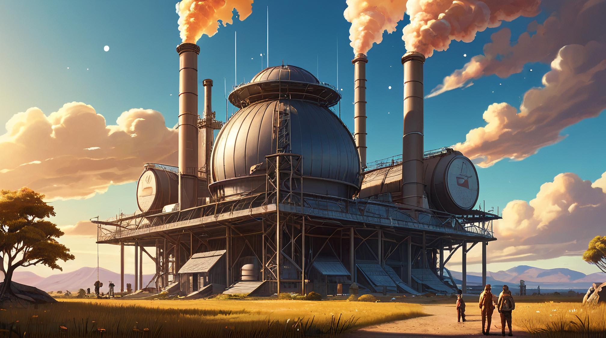 concept art, nature and Libra constellation in background, Human Regency Fossil fuel power station , made from Venusian atmosphere