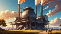 concept art, nature and Libra constellation in background, Human Regency Fossil fuel power station , made from Venusian atmosphere