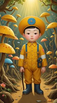 roots, Holy Cute traditional Chinoiserie Male Miner , Ultrarealistic, Sun Rays