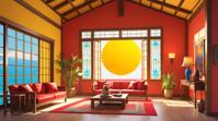 by Sakimichan and Shinji Aramaki , concept art, Oracle cards, from inside a Bungalow