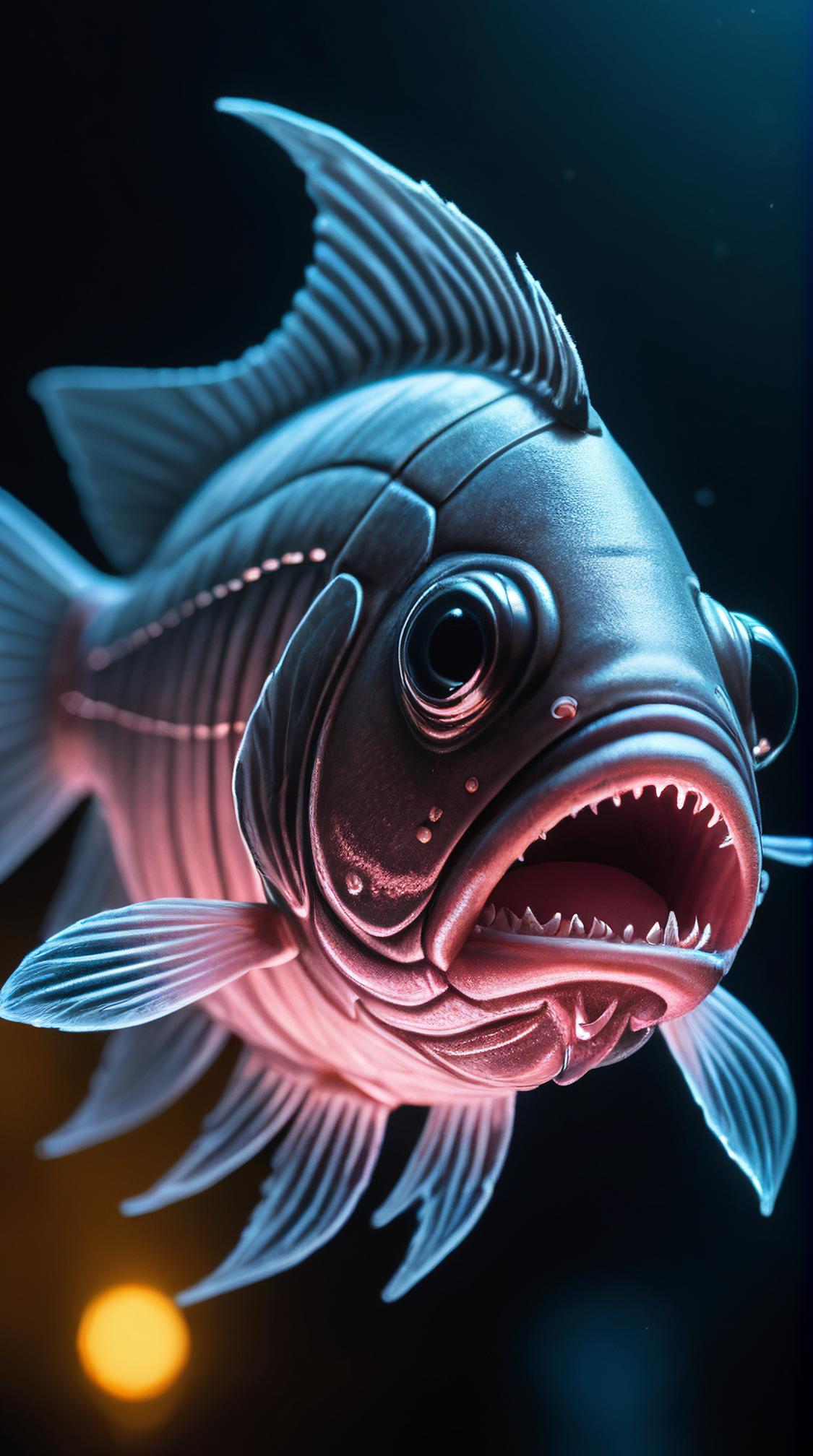 close up shot of a Anime Awful Lanternfish, Emo background, art by Alex Robinson, George Perez