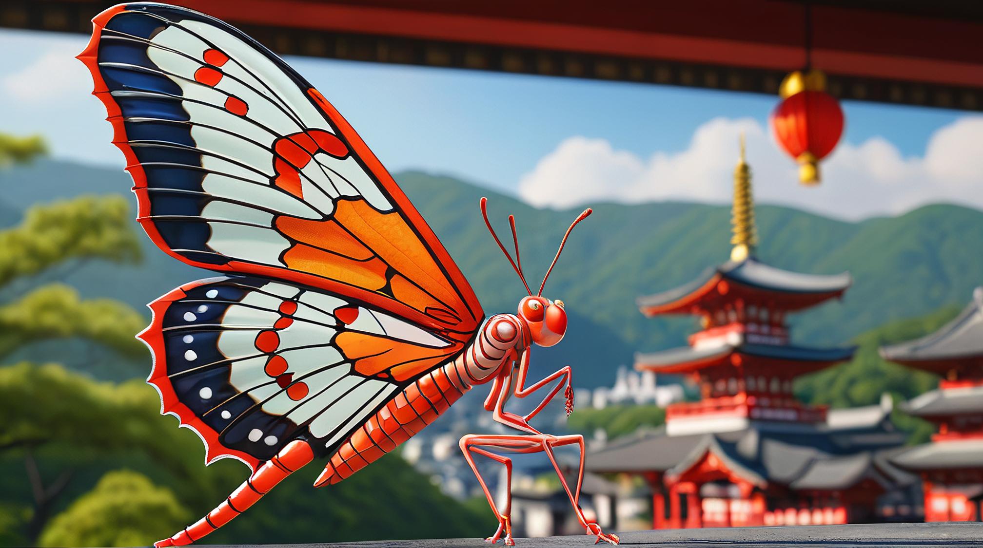 stylized by ND Stevenson , octane render, rear angle of a Gigantic Lacewing, Kiyomizu dera Temple in background