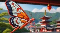 stylized by ND Stevenson , octane render, rear angle of a Gigantic Lacewing, Kiyomizu dera Temple in background