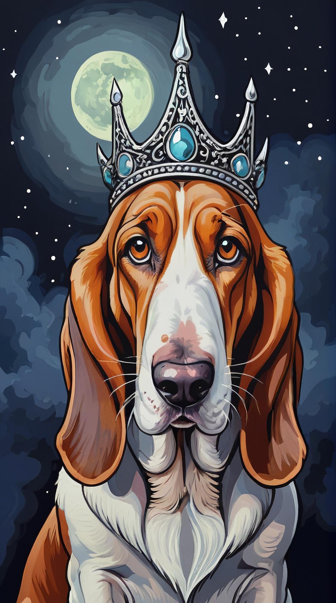 Drawing, skinny Basset Hound of Pain, Painting a painting, it is dressed in a Absurd Circlet