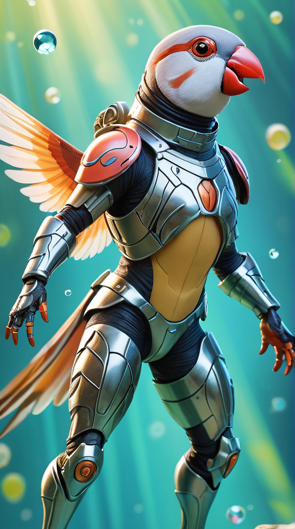under water, Epic Blessed Cosplayer Australian Zebra Finch , Shady figure, wearing Alchemist armor of Gluttony