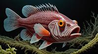 art by Emil Ferris Seth MacFarlane , octane render, Superflat, overhead angle of a Gruesome Fairy Basslet