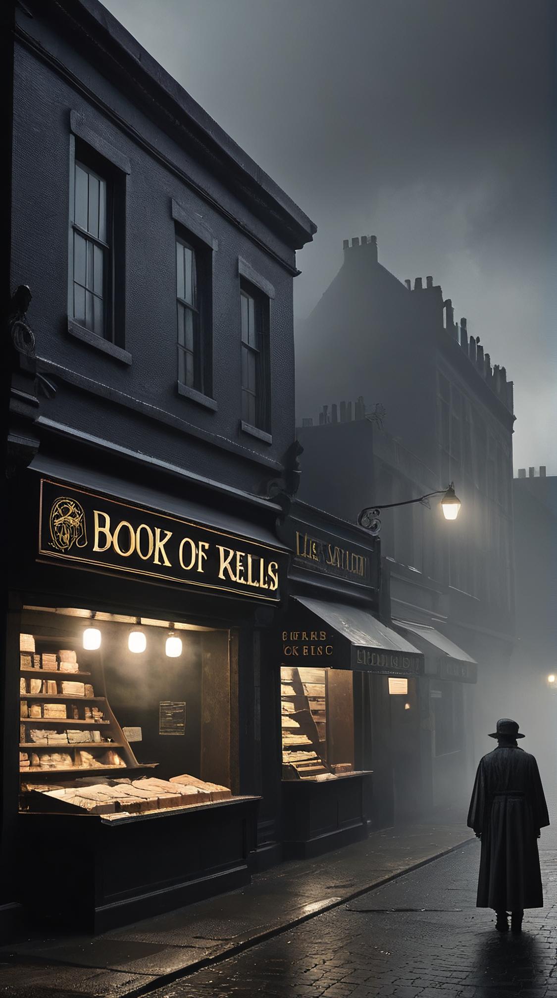 On pale black paper, landscape of a Flat Dystopian The Book of Kells and food stand, Foggy, Evil