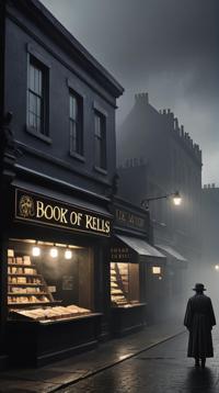 On pale black paper, landscape of a Flat Dystopian The Book of Kells and food stand, Foggy, Evil