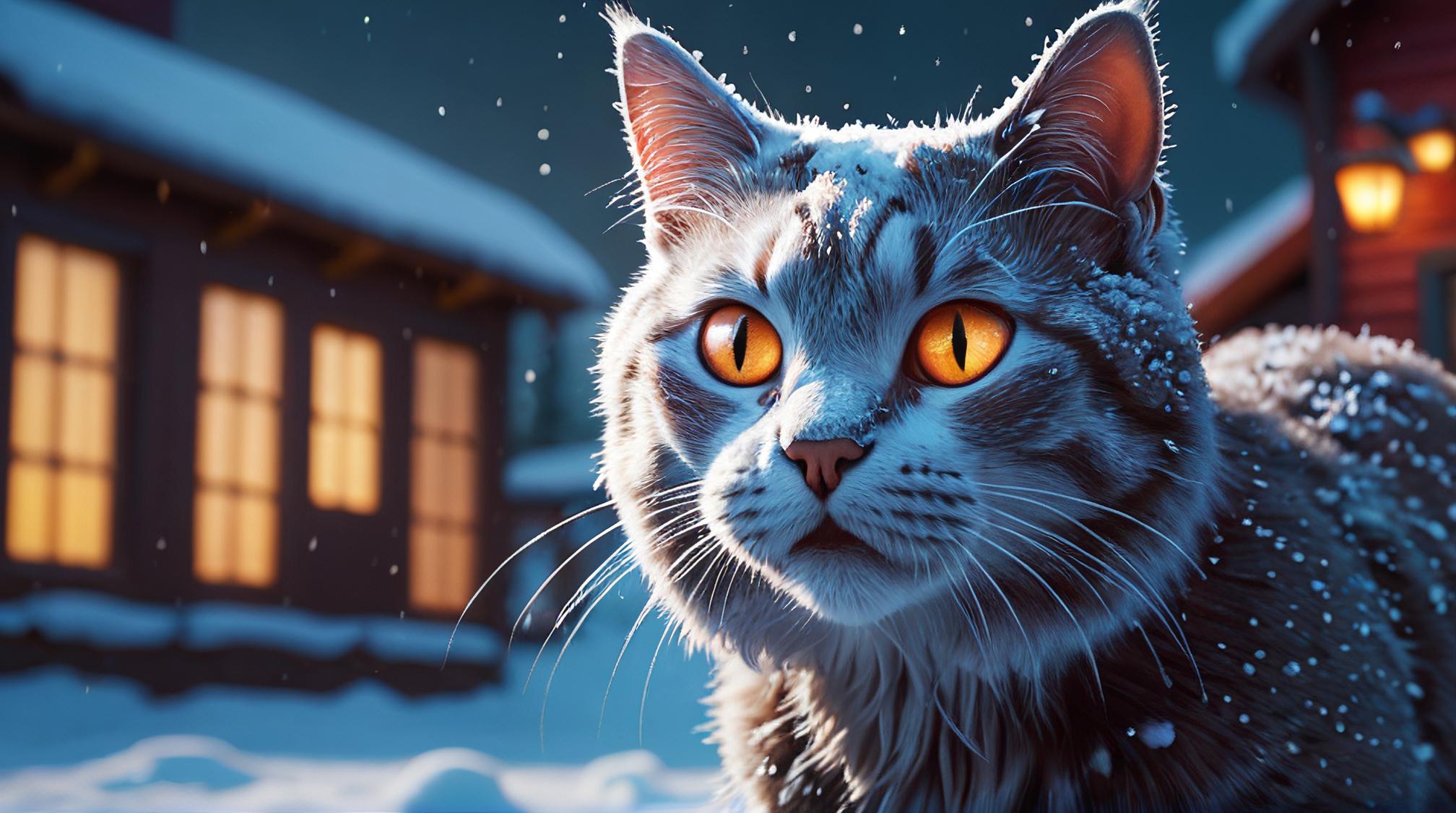 art by Alex Hirsch, octane render, POV shot of a Manx Cat of Doom, Snowy