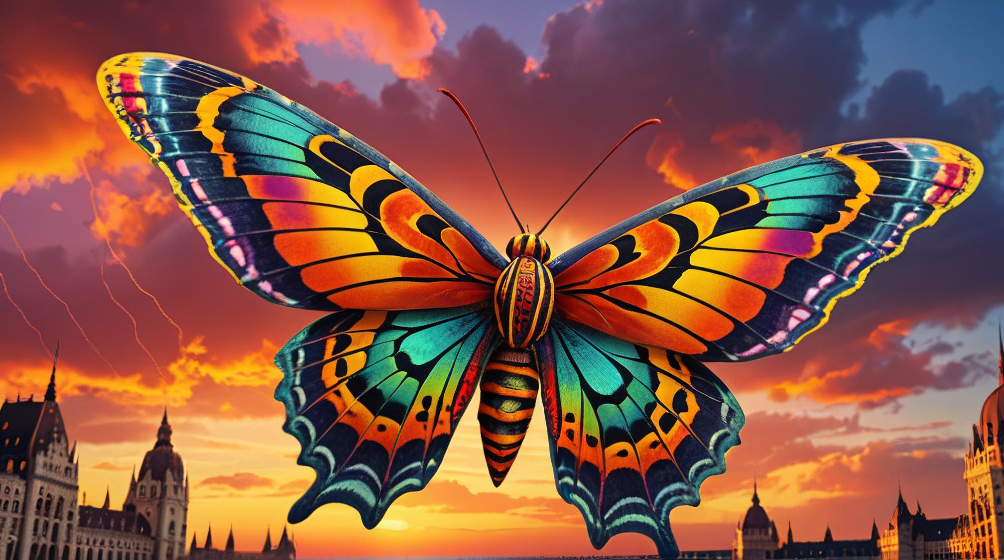 octane render, intricate background, Sunset Moth of Passion, it is very Happy and Magnificent