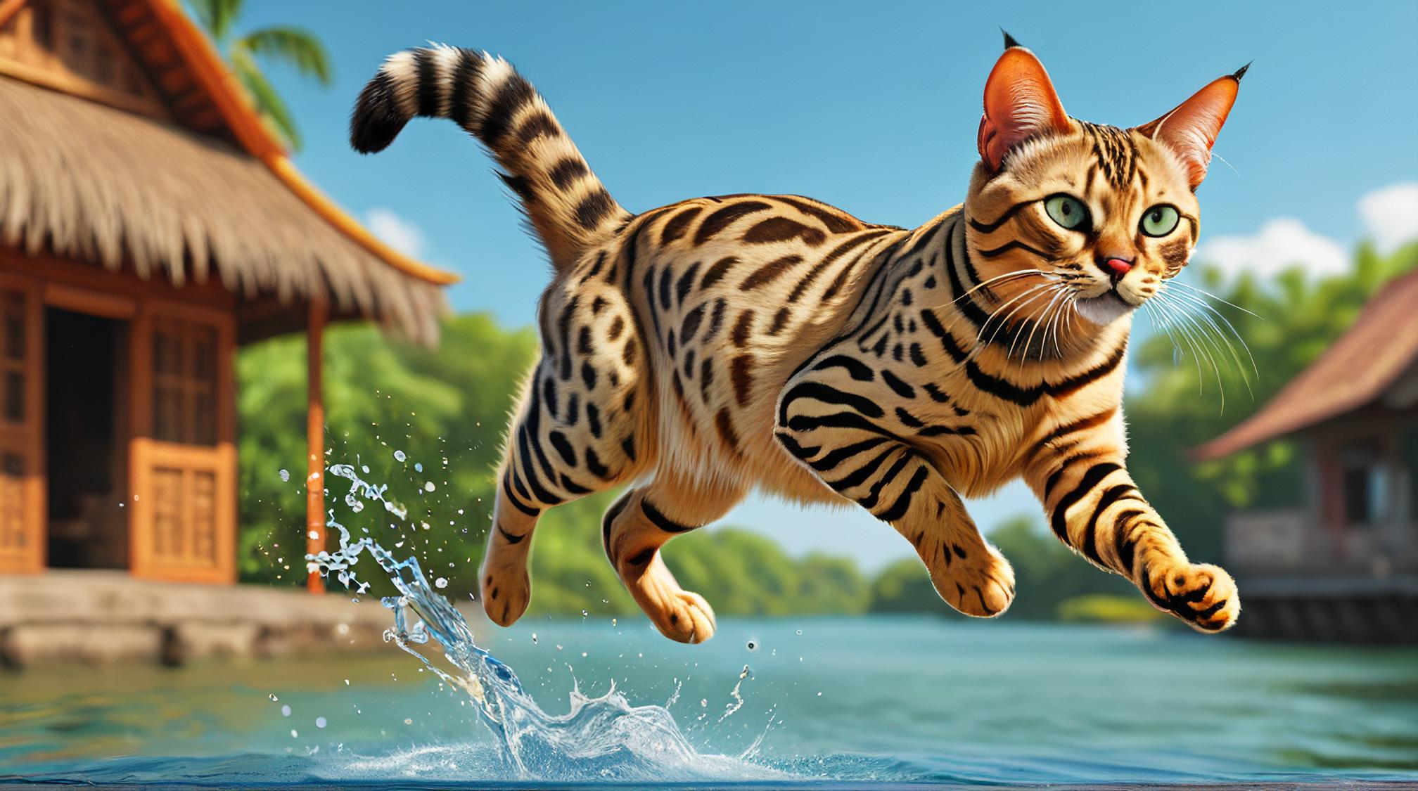 by Art Spiegelman , octane render, Balinese Cat Bengal Cat Jumping at a Vietnam, Senegalese water