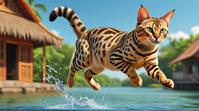 by Art Spiegelman , octane render, Balinese Cat Bengal Cat Jumping at a Vietnam, Senegalese water