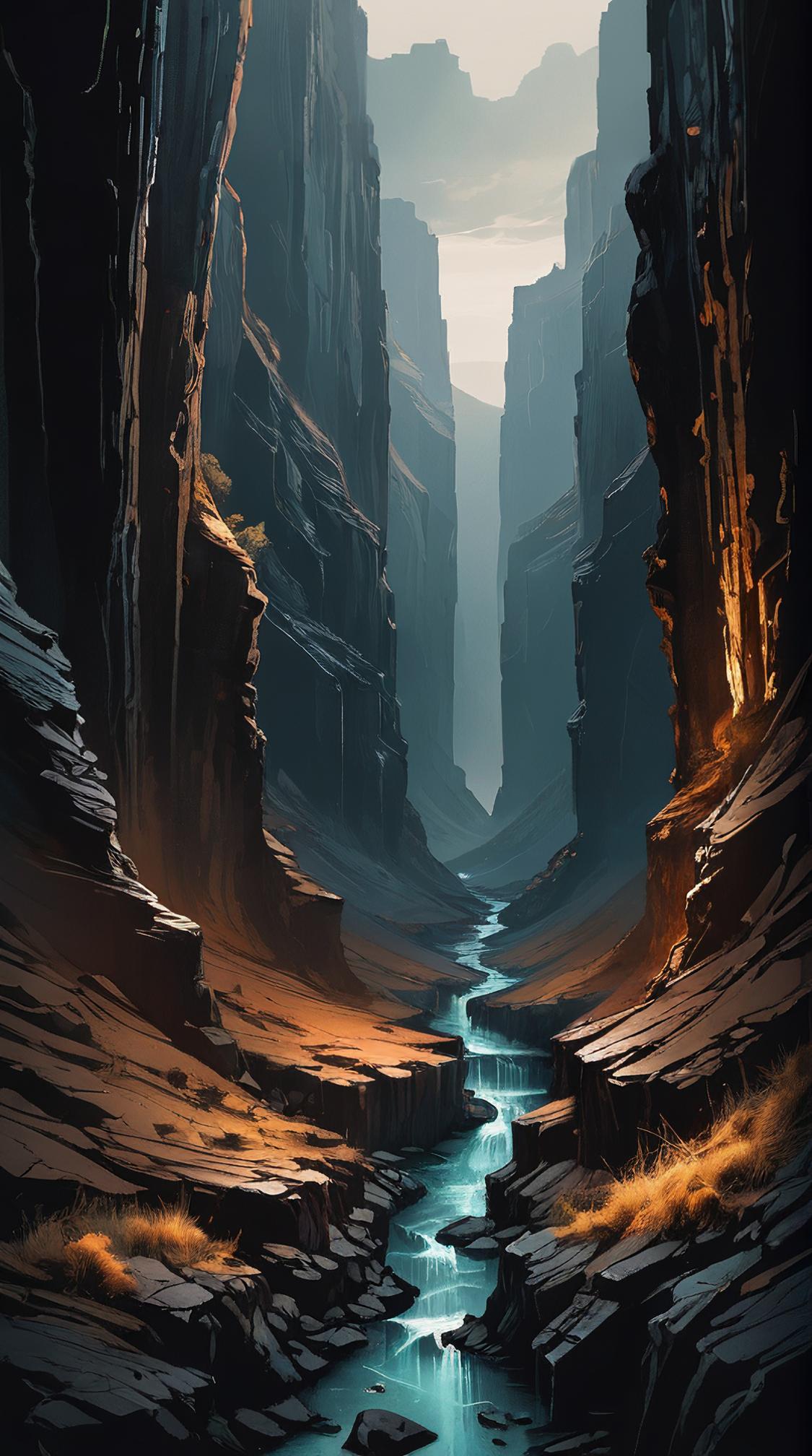 designed by Carne Griffiths, landscape of a Canyon Country, Dark, broad lighting