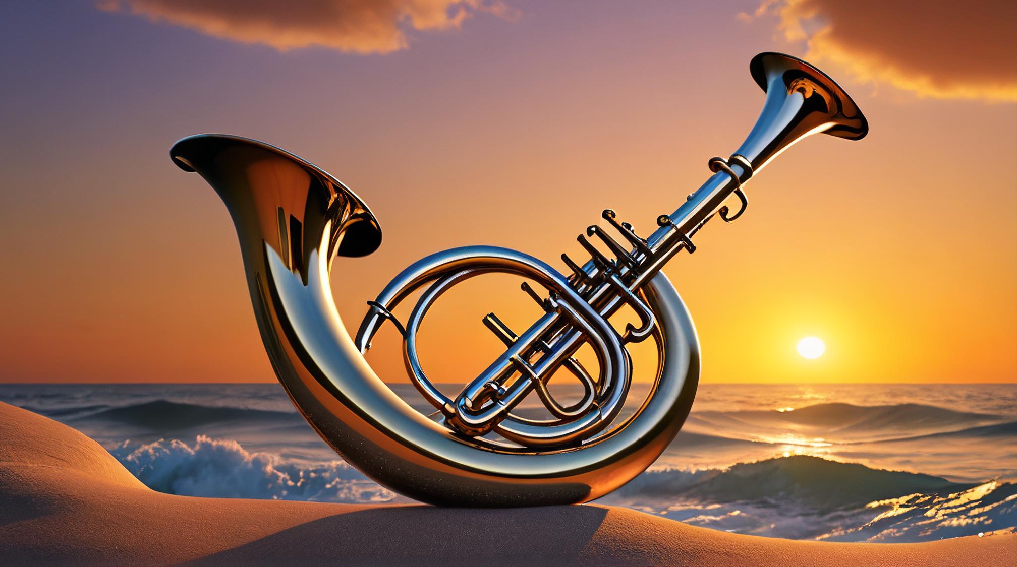 by Classic Disney and Carl Barks, octane render, Fashion shot of a Triton s Trumpet, at Sunrise