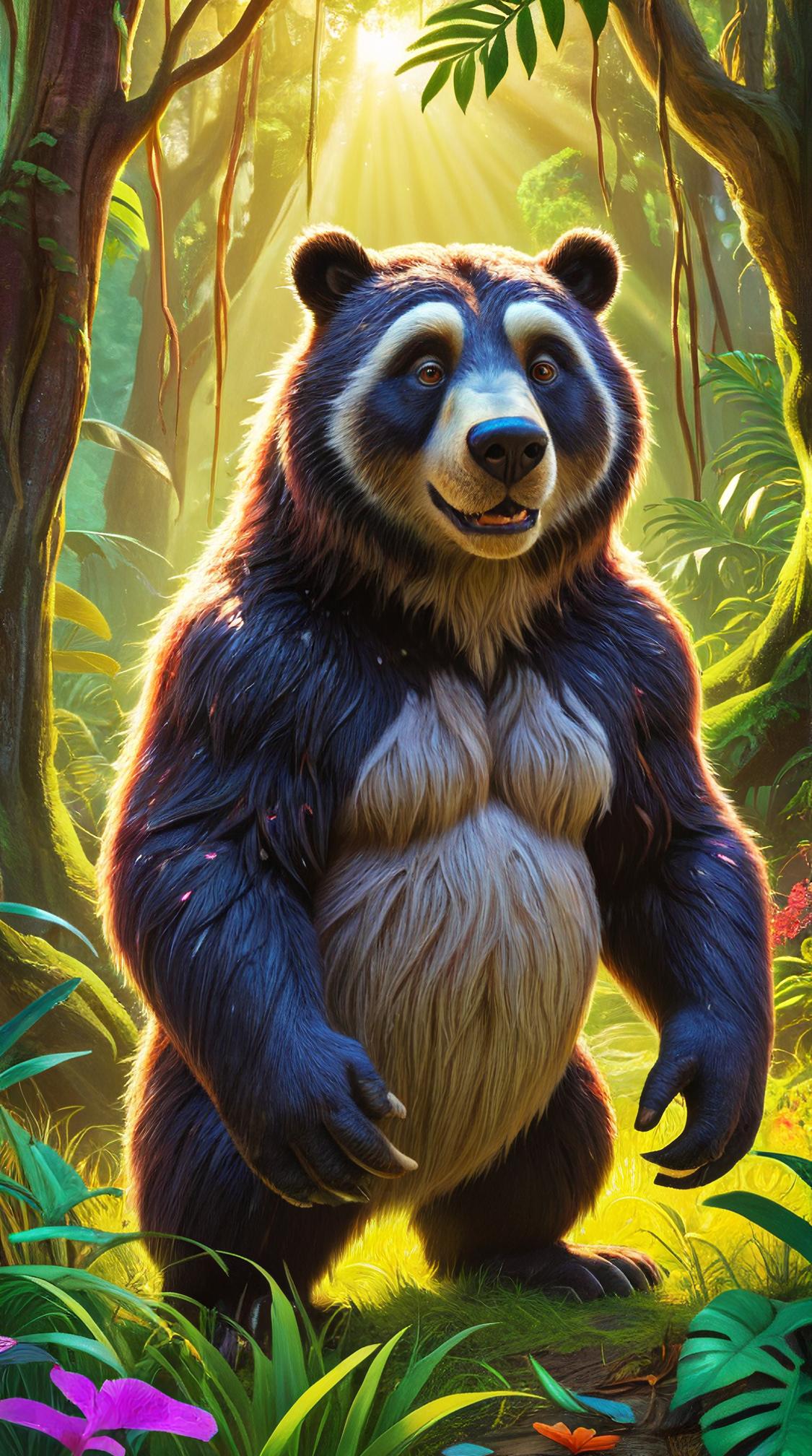 highly detailed, Appealing Inuit Baloo from The Jungle Book , his hair is Rainbow, grass and nature