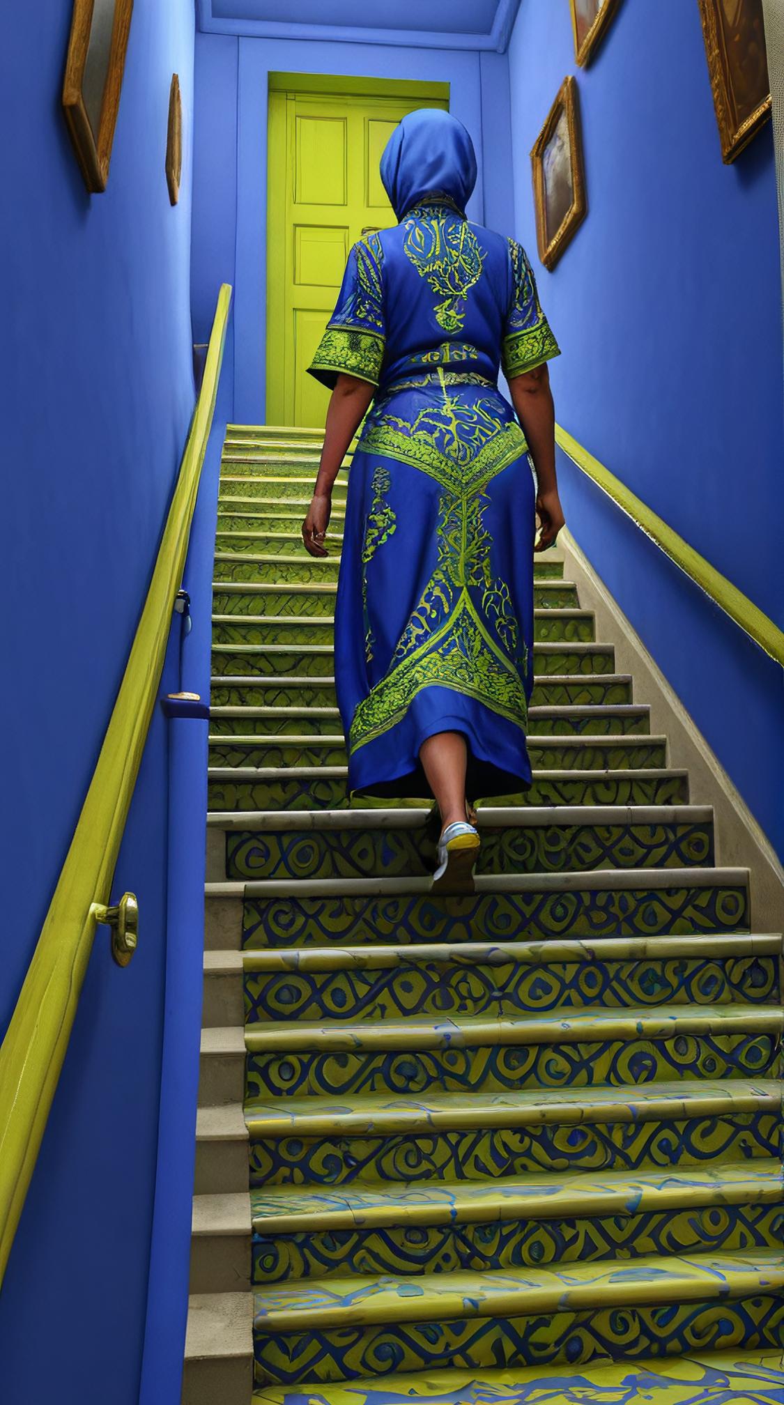 Digital art, petite Algerian Aunt of Future, Walking up a stairs, Cobalt Blue and Chartreuse background