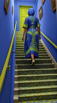 Digital art, petite Algerian Aunt of Future, Walking up a stairs, Cobalt Blue and Chartreuse background